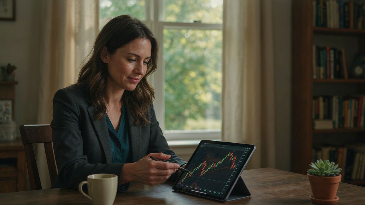 professional woman home office tablet financial charts modern workspace