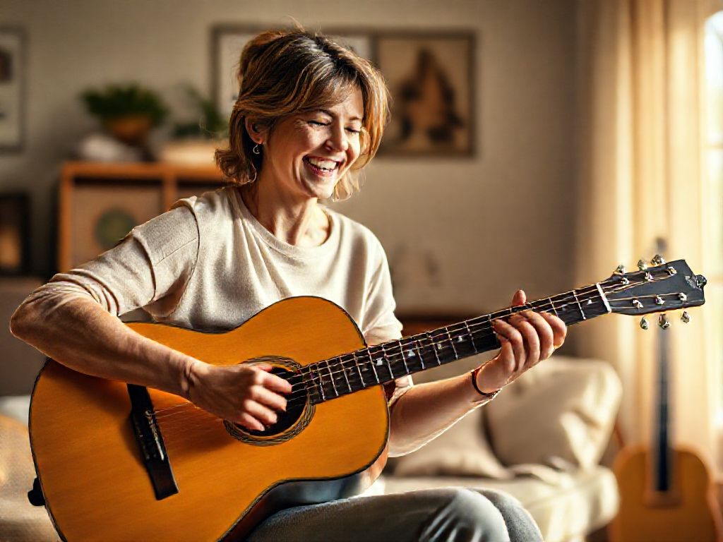 Happy customer playing guitar purchased from our store