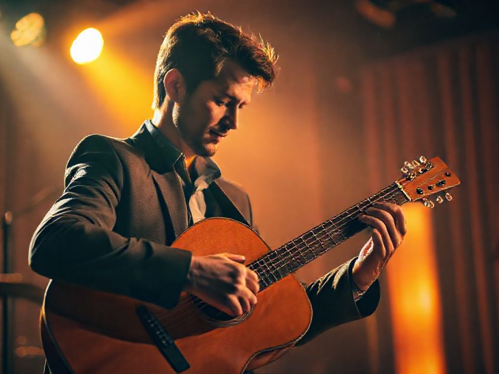A guitarist playing an acoustic guitar in a warm studio setting